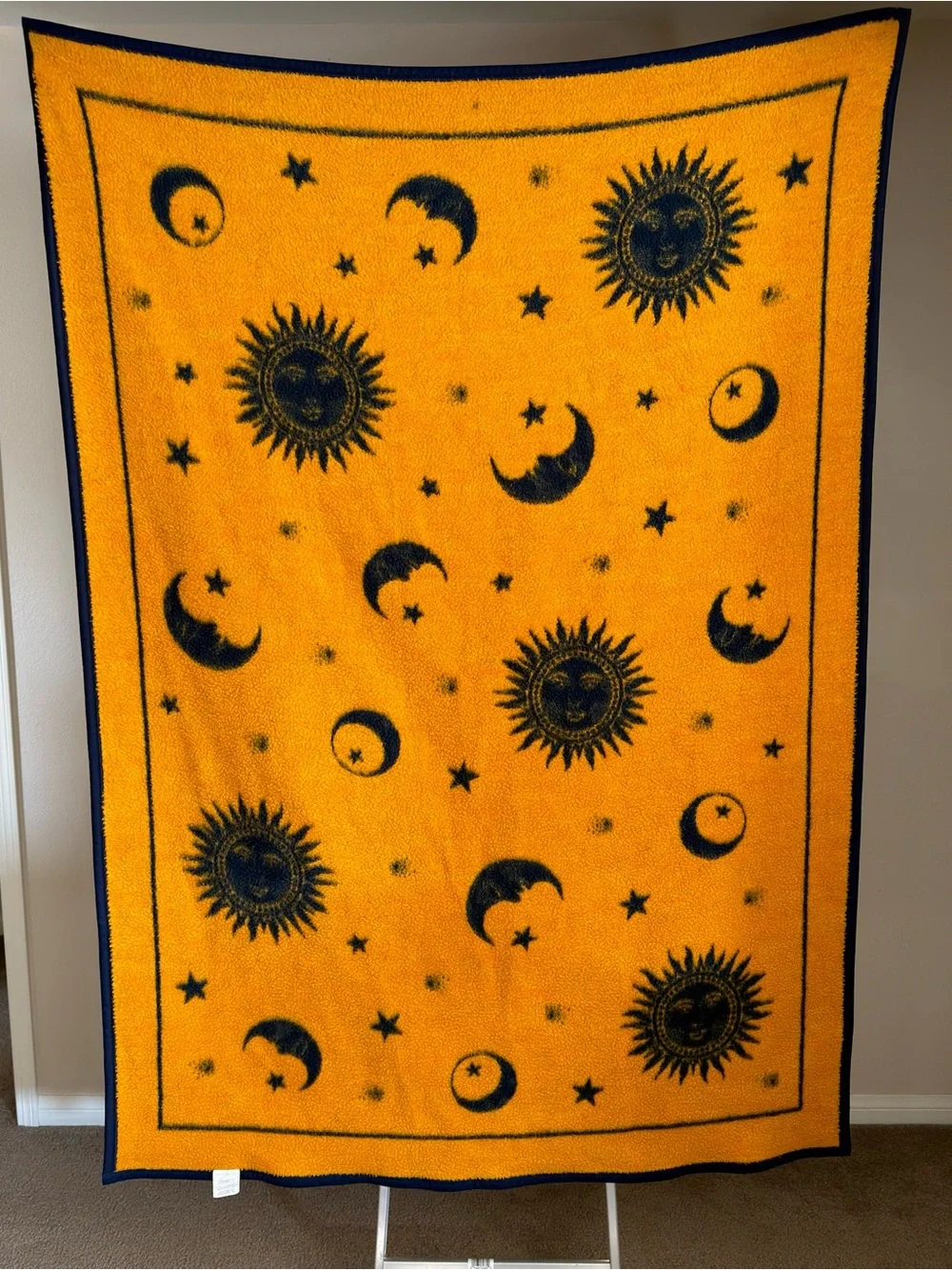 Vintage Biederlack Celestial Sun Moon Stars Blanket Reversible Fleece 52x73 Gold